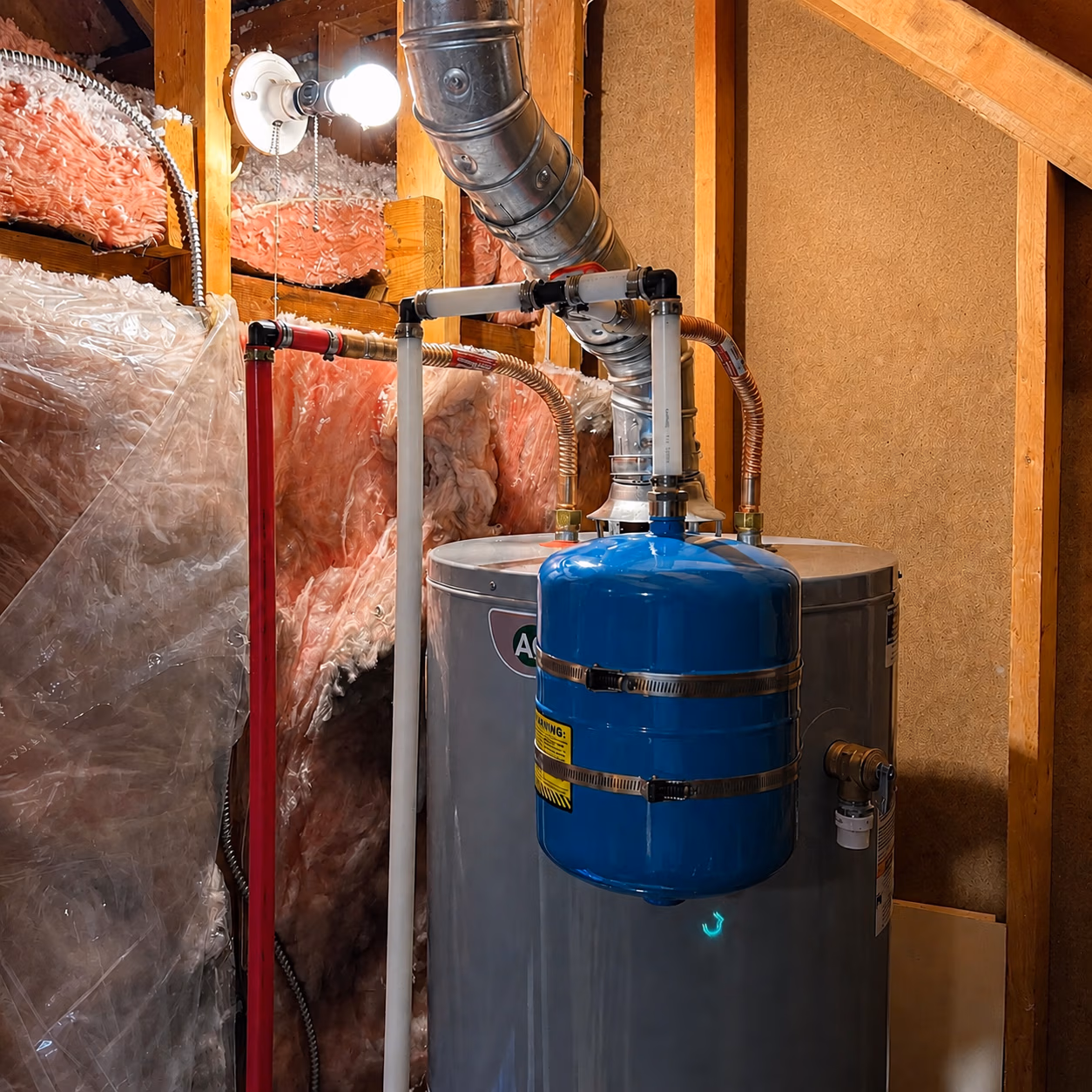 Water heater with attached blue pressure tank inside insulated attic space with exposed wooden beams.