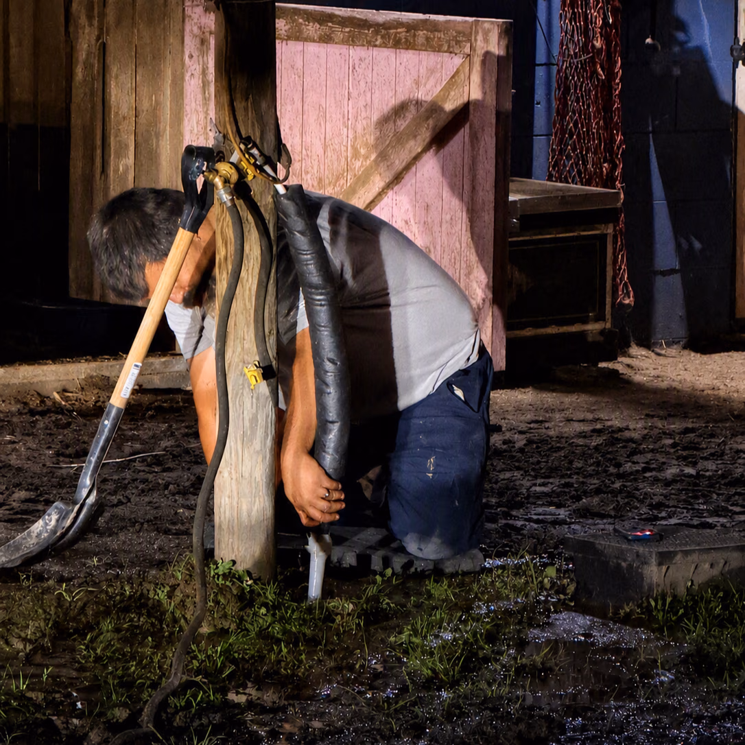 Man kneeling on wet ground working with hoses attached to wooden post at night.